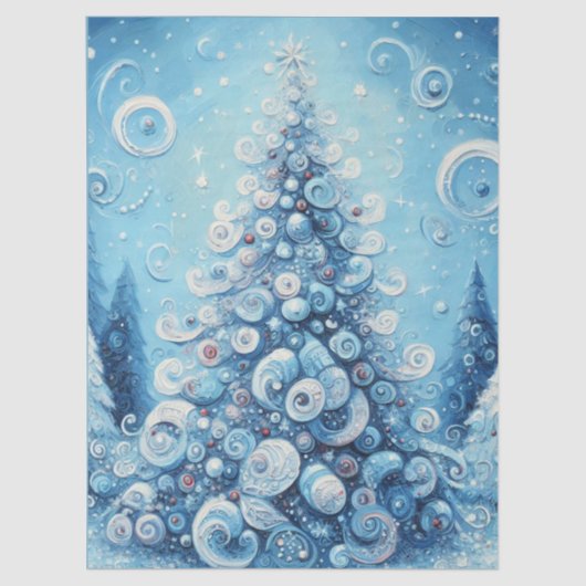 Whimsical Christmas Tree Blue Decoupage 薄葉紙 (正面)