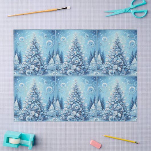 Whimsical Christmas Tree Blue Decoupage 薄葉紙 (クラフト)