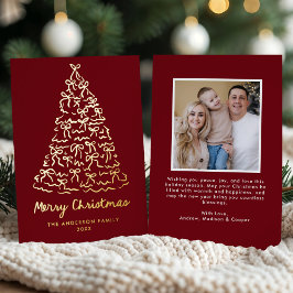 Whimsical Christmas Tree Bows Cranberry Photo 箔シーズンカード