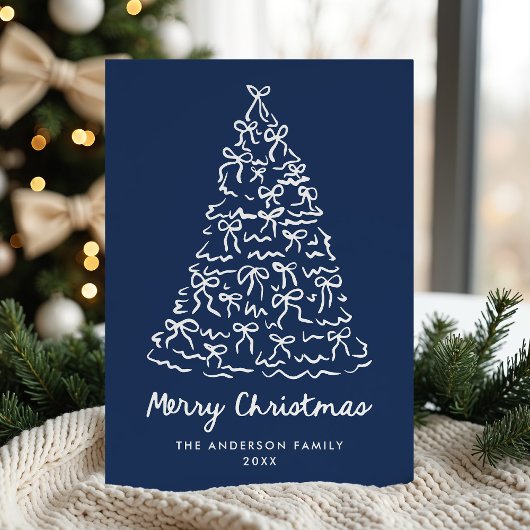Whimsical Christmas Tree Bows Navy Photo シーズンカード