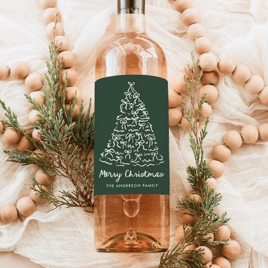 Whimsical Christmas Tree Bows Pine Green Holiday ワインラベル