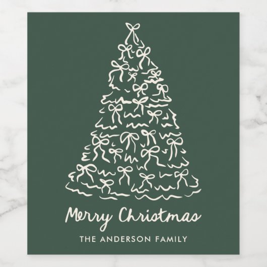 Whimsical Christmas Tree Bows Pine Green Holiday ワインラベル (シングルラベル)