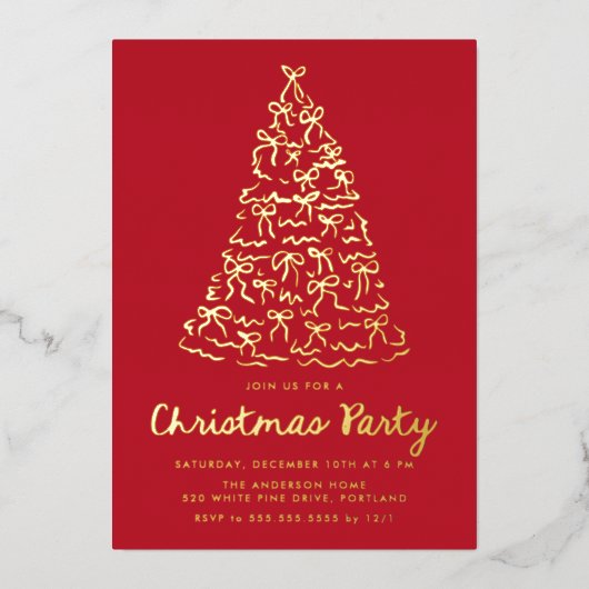 Whimsical Christmas Tree Bows Red Holiday Party 箔招待状 (正面)