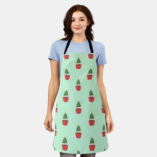 Whimsical Christmas Tree Cupcake Apron エプロン (着用した状態)