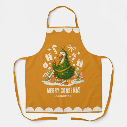 Whimsical Christmas Tree Goose | Funny Holiday エプロン (正面)