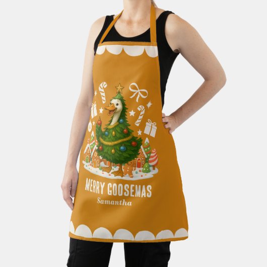 Whimsical Christmas Tree Goose | Funny Holiday エプロン (インサイチュ)