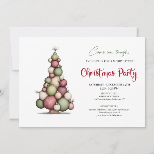 Whimsical Christmas Tree Red Green Holiday Invite 招待状 (正面)