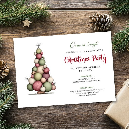 Whimsical Christmas Tree Red Green Holiday Invite 招待状