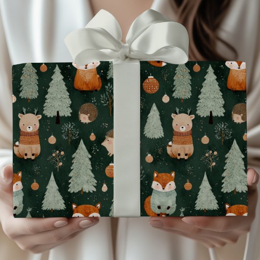 Whimsical Christmas Tree with Red Fox Dark Green ラッピングペーパー