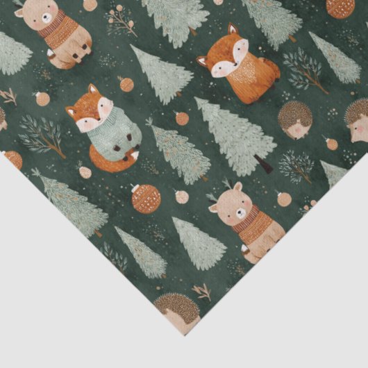 Whimsical Christmas Tree with Red Fox Dark Green 薄葉紙 (詳細)