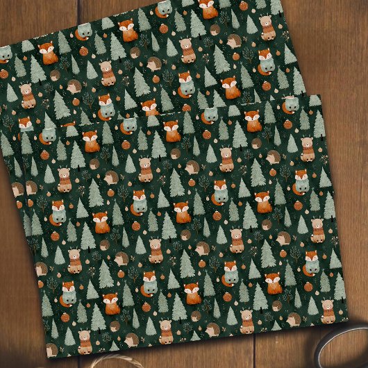 Whimsical Christmas Tree with Red Fox Dark Green 薄葉紙
