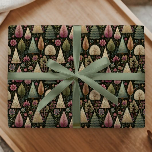 Whimsical Christmas Trees in Green and Pink Gift ラッピングペーパー