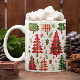 Whimsical Christmas Trees on Plaid Pattern   コーヒーマグカップ