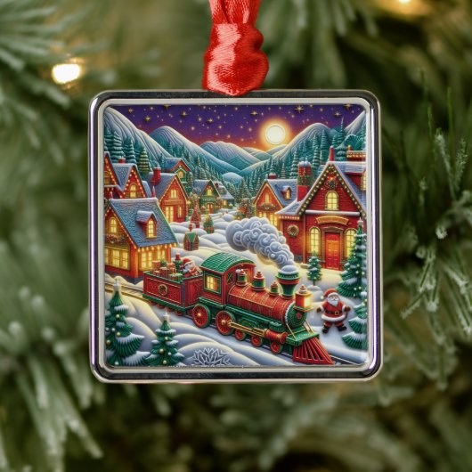Whimsical Christmas Village Santa & Train Ornament メタルオーナメント (ツリー)
