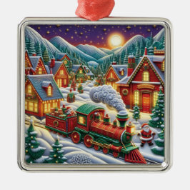 Whimsical Christmas Village Santa & Train Ornament メタルオーナメント