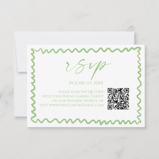 Whimsical Citrus Green Wavy Border QR Code Wedding 出欠カード (正面)