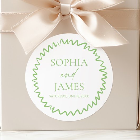 Whimsical Citrus Green Wavy Border Wedding ラウンドシール