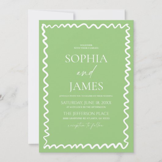 Whimsical Citrus Green Wavy Border Wedding 招待状 (正面)