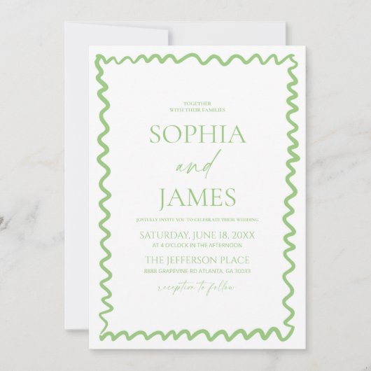 Whimsical Citrus Green Wavy Border Wedding 招待状 (正面)