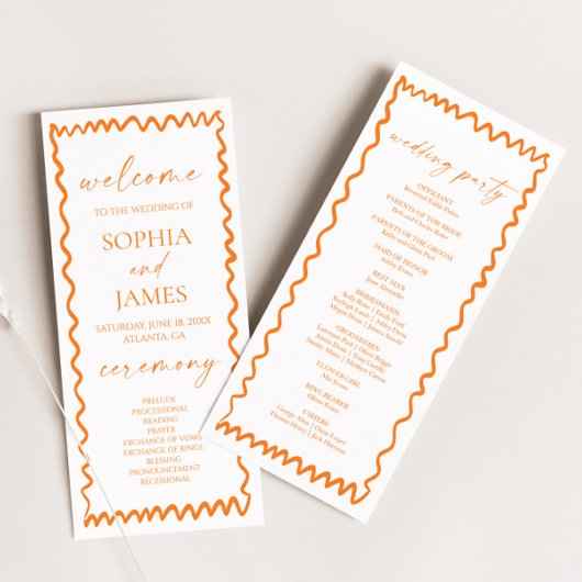 Whimsical Citrus Orange Wavy Border Wedding プログラム