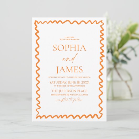 Whimsical Citrus Orange Wavy Border Wedding 招待状 (スタンド正面)