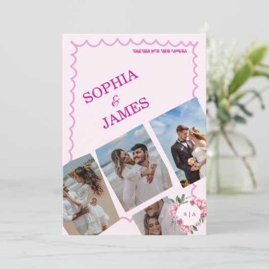 Whimsical Citrus pink & Photo Collage Wedding 招待状 (スタンド正面)