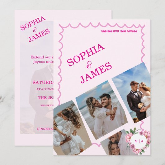 Whimsical Citrus pink & Photo Collage Wedding 招待状 (正面/裏面)