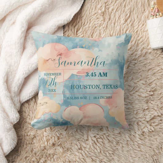 Whimsical Clouds Baby Girl Custom Birth Stats クッション (ブランケット)