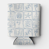 Whimsical Coastal Mediterranean Tile Linen Cobalt 缶クーラー (正面)