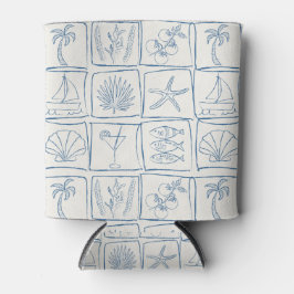 Whimsical Coastal Mediterranean Tile Linen Cobalt 缶クーラー