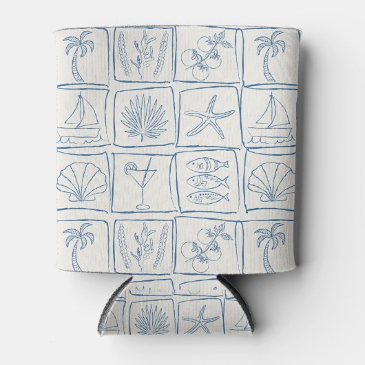 Whimsical Coastal Mediterranean Tile Linen Cobalt 缶クーラー (正面)