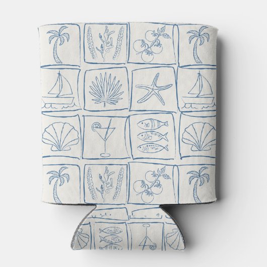 Whimsical Coastal Mediterranean Tile Linen Cobalt 缶クーラー (裏面)