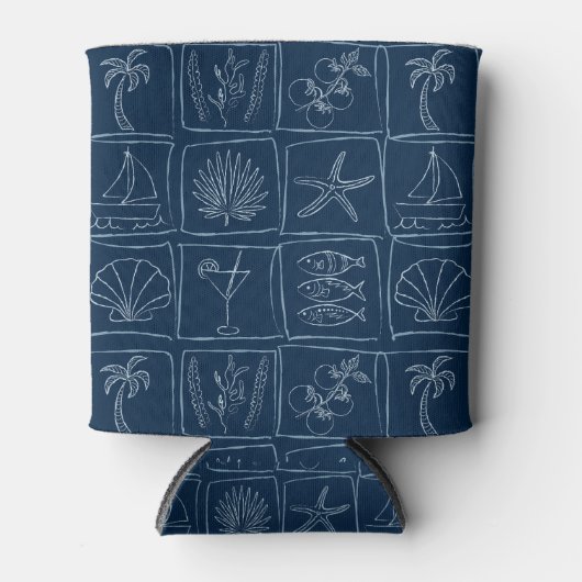 Whimsical Coastal Mediterranean Tile Nautical Navy 缶クーラー (正面)