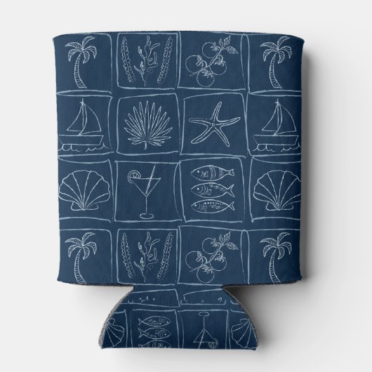 Whimsical Coastal Mediterranean Tile Nautical Navy 缶クーラー (裏面)