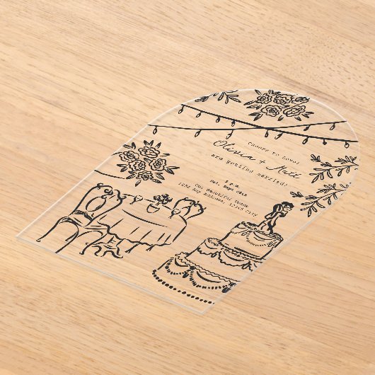 Whimsical Cocktail Hand Drawn Wedding Invitation アクリル招待状 (レイダウン)