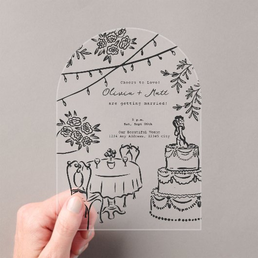 Whimsical Cocktail Hand Drawn Wedding Invitation アクリル招待状 (インサイチュ (ポータブル))