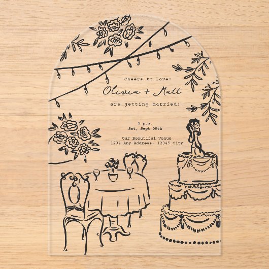 Whimsical Cocktail Hand Drawn Wedding Invitation アクリル招待状 (正面)