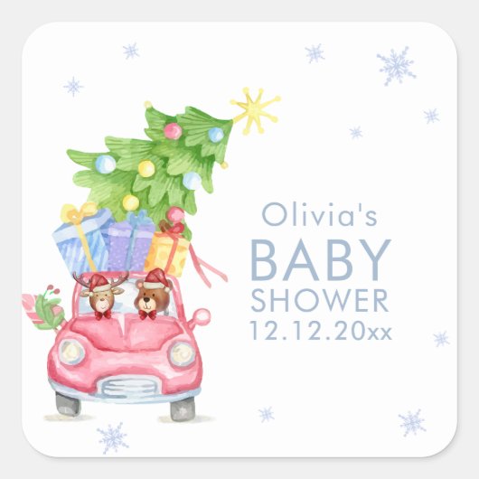 Whimsical Cold Outside Reindeer Bear Baby Shower  スクエアシール (正面)