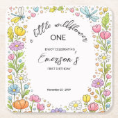 Whimsical Colorful Little Wildflower 1st Birthday  スクエアペーパーコースター (正面)