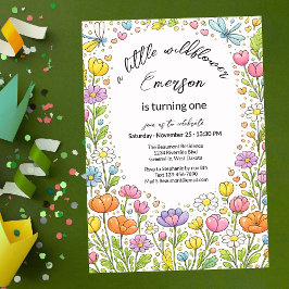 Whimsical Colorful Little Wildflower 1st Birthday  招待状