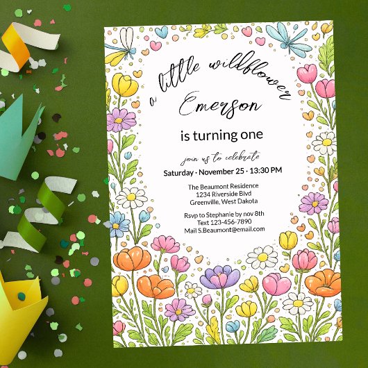 Whimsical Colorful Little Wildflower 1st Birthday  招待状