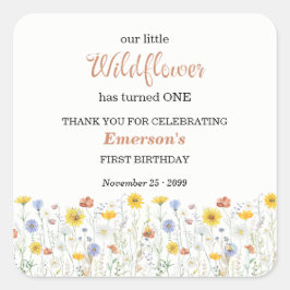 Whimsical Colorful Wildflower 1st Birthday Party スクエアシール