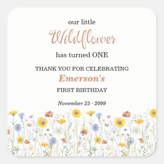 Whimsical Colorful Wildflower 1st Birthday Party スクエアシール (正面)