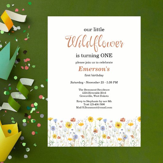 Whimsical Colorful Wildflower 1st Birthday Party 招待状