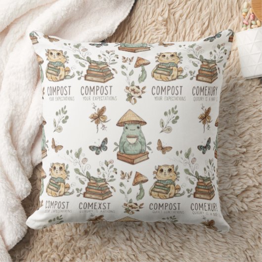 Whimsical "Compost Your Expectations" Frog & Cat P クッション (ブランケット)