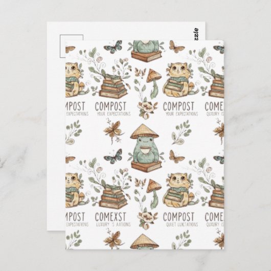 Whimsical "Compost Your Expectations" Frog & Cat P ポストカード (正面/裏面)