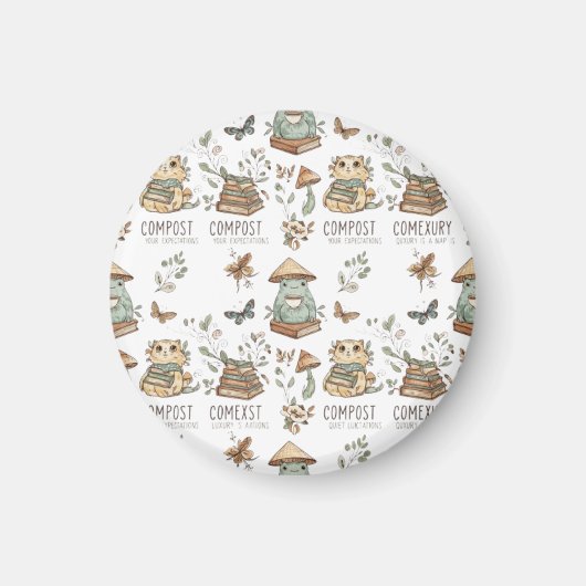 Whimsical "Compost Your Expectations" Frog & Cat P マグネット (正面)