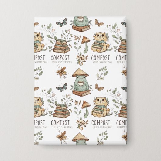 Whimsical "Compost Your Expectations" Frog & Cat P 缶バッジ (正面)