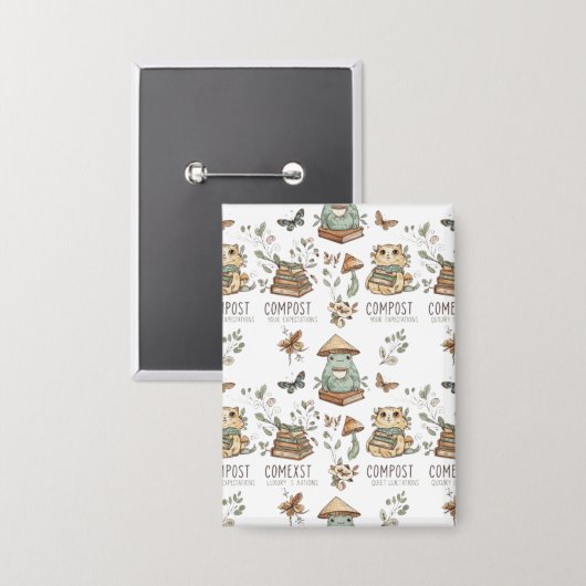 Whimsical "Compost Your Expectations" Frog & Cat P 缶バッジ (正面/裏面)