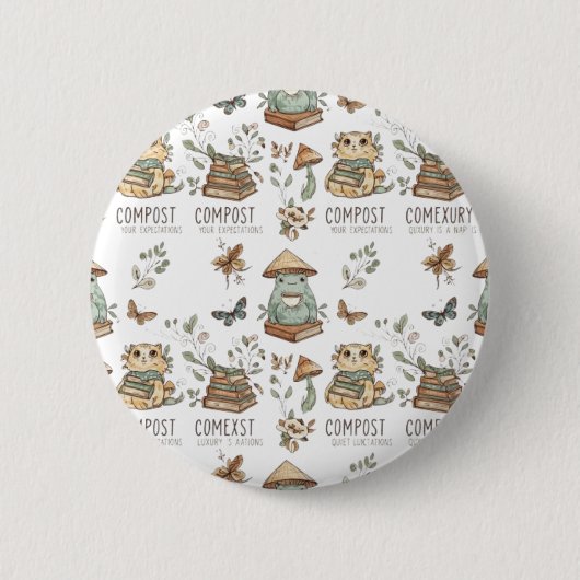 Whimsical "Compost Your Expectations" Frog & Cat P 缶バッジ (正面)